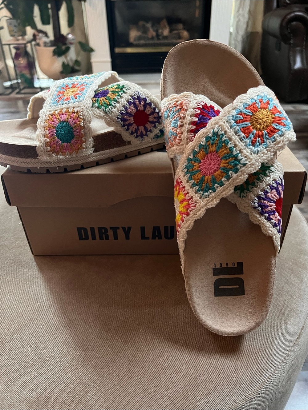 Dirty Laundry Multicolor Crochet Cross-Strap Slides